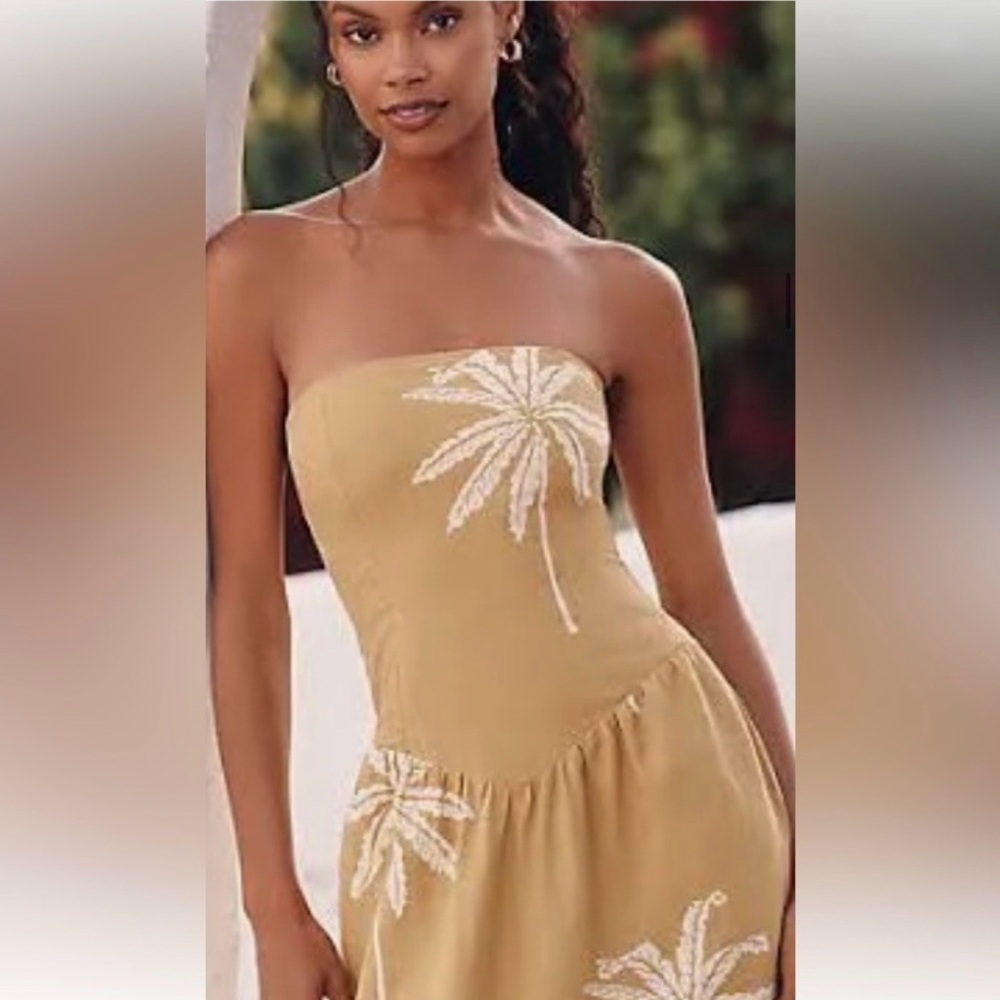 Celadine Linen Blend Strapless Drop-Waist Midi Dress Size Small